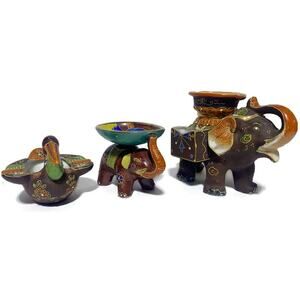 Moriyama Mori Machi and Takito Ceramic Figurines Elephants and Pelican Lot of 3